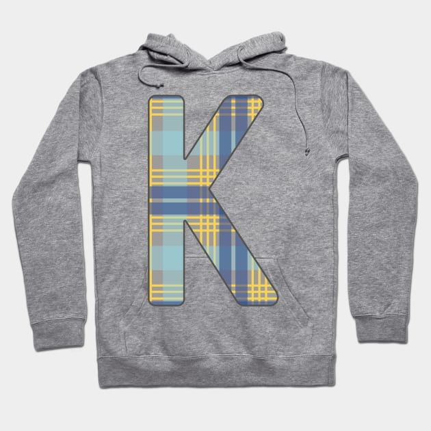 Monogram Letter K, Blue, Yellow and Grey Scottish Tartan Style Typography Design Hoodie by MacPean